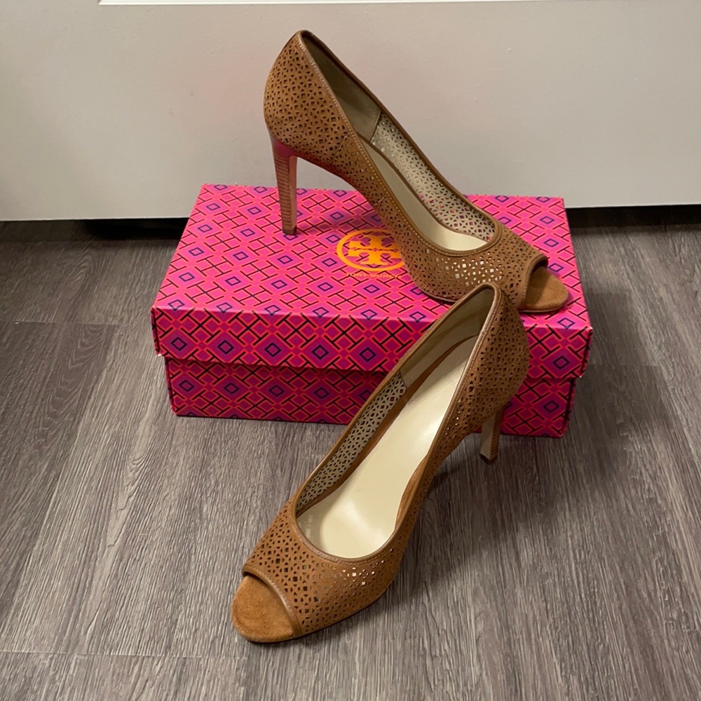 Tory Burch Brown Tan Suede Heels with Perforated Design